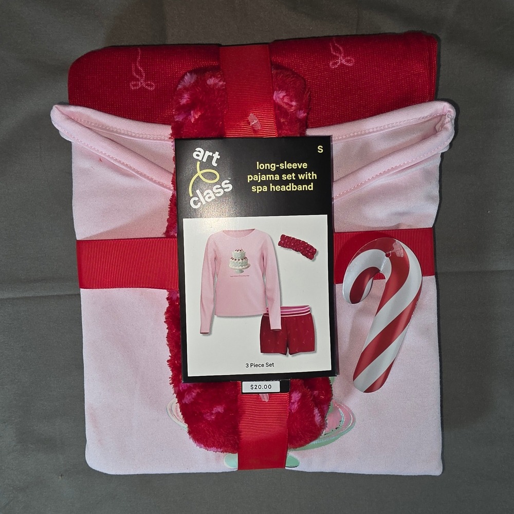Art Class Kids Pink Cake Pajama Set 3pc Long Sleeve Shorts Headband Red S 6/7